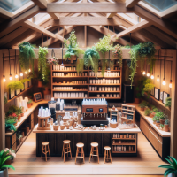 A minimap diorama of a cafe adorned with indoor plants. Wooden beams crisscross above, and a cold brew station stands out with tiny bottles and glasses.