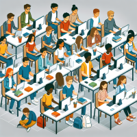 Des élèves dans une salle de classe disposés en îlots avec des ordinateurs et d'autres avec des tablettes 