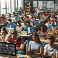 Des élèves dans une salle de classe disposés en îlots avec des ordinateurs et d'autres avec des tablettes, travail collaboratif 