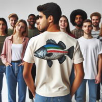 l'image d'un poisson qui s'affiche au dos du tee-shirt d'un jeune homme au milieu d'un groupe d'amis pour faire allusion au 