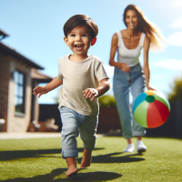 Un enfant joyeux court vers un ballon coloré sur une pelouse verte, avec sa maman qui le poursuit en arrière-plan, le tout sous un ciel bleu clair