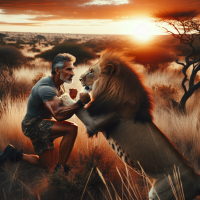 Un  adulte entrain de se battre avec un lion dans la brousse 