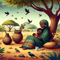 Image de fillette africaine dormant dans les bras de sa mère sous un arbre ombrageux . Une daba et une gourde d'eau a côté d'eux. Des oiseaux, des libellules et des papillons volant au dessus de leur tête.