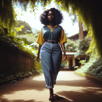 Jeune femme africainede 30 ans au forme généreuse en pantalon jean bleu et chemise jaune marchant sur un chemin ombrageux.