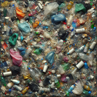 Générer une photo réaliste des déchets constitués de sachets et bouteilles plastiques en gros plan et très détaillé