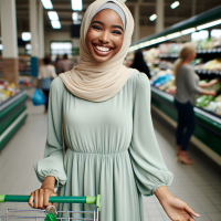 Image d'une jeune africaine musulmane de 30 ans bien voilée portant une robe vert clair, des chaussure noirs et souriante, debout en train de faire des amplettes dans un super marché